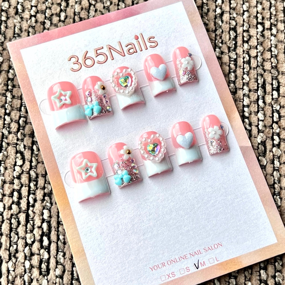 "Pink Blue French Star Heart Bow" - Wholesale Ultra-Soft Flexible Fit Handmade Nails (MOQ=100)