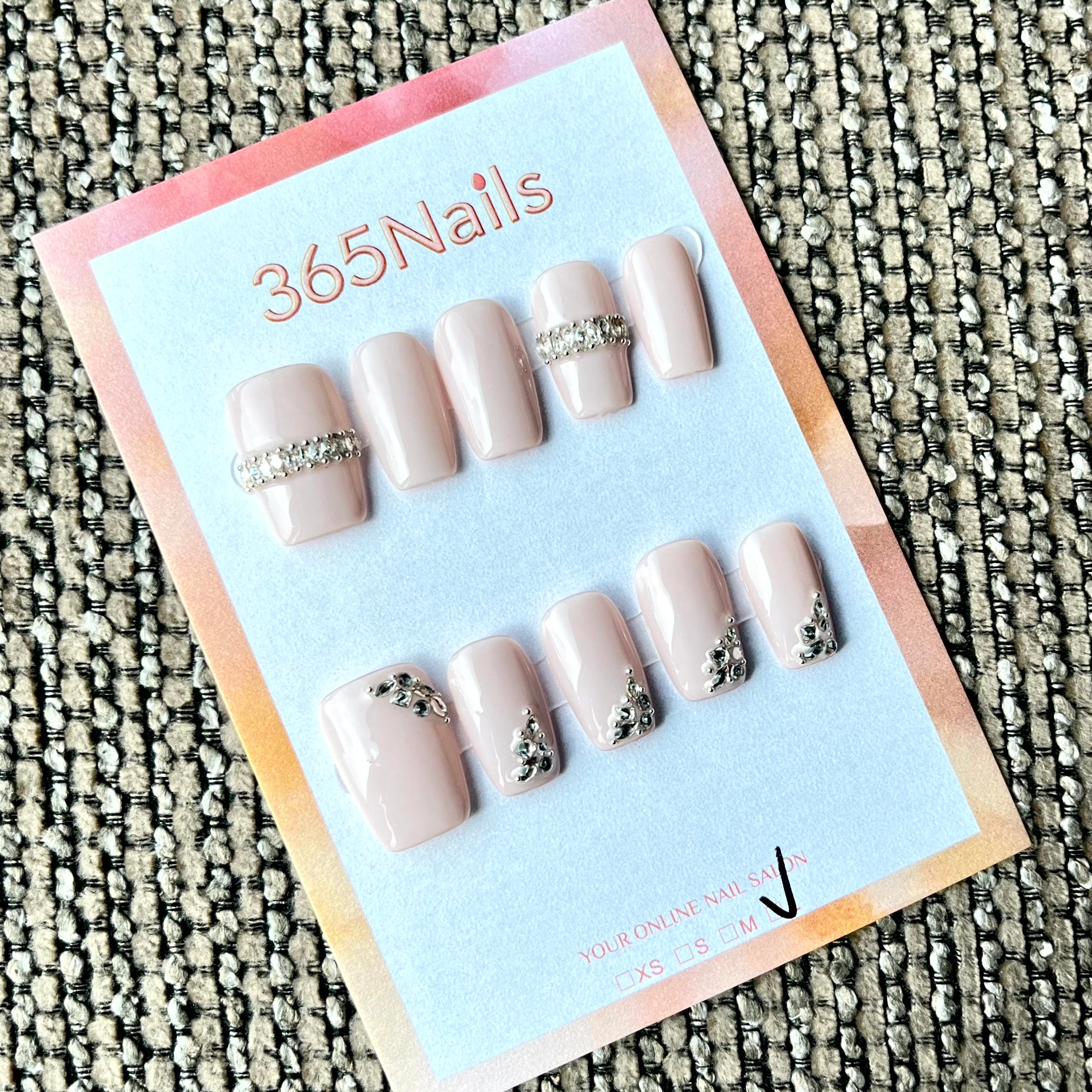 365nails：「柔雅奢華」— 水鑽法式尖端手工製短款方形穿戴甲