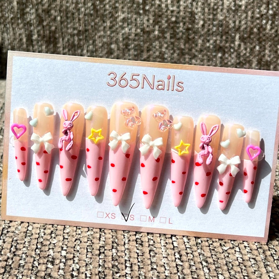 365nails: "Sweet Bunny" – 3D Rabbit & Heart Handmade Long Coffin Nails