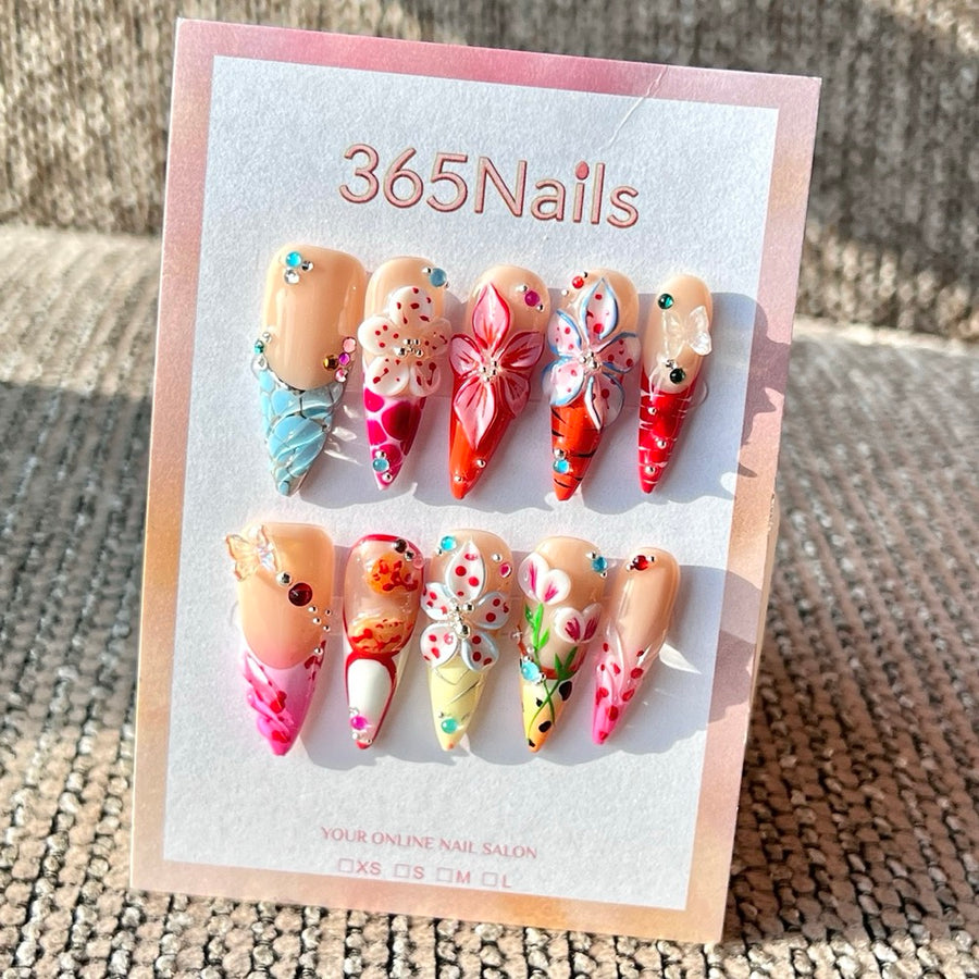 365nails: "Nude Floral Art" – Handmade Medium Stiletto Press-On Nails