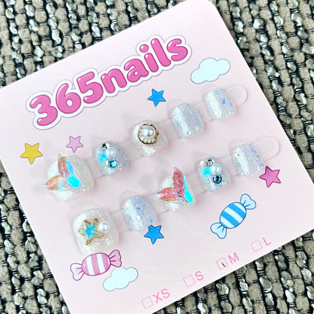 365nails: "Dreamy Mermaid" – 3D Shell & Pearl Handmade Short Square Nails