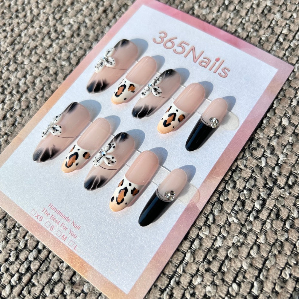 Handmade Wild Chic 3D Floral Press-on Nails | Leopard French & Ink Smudge