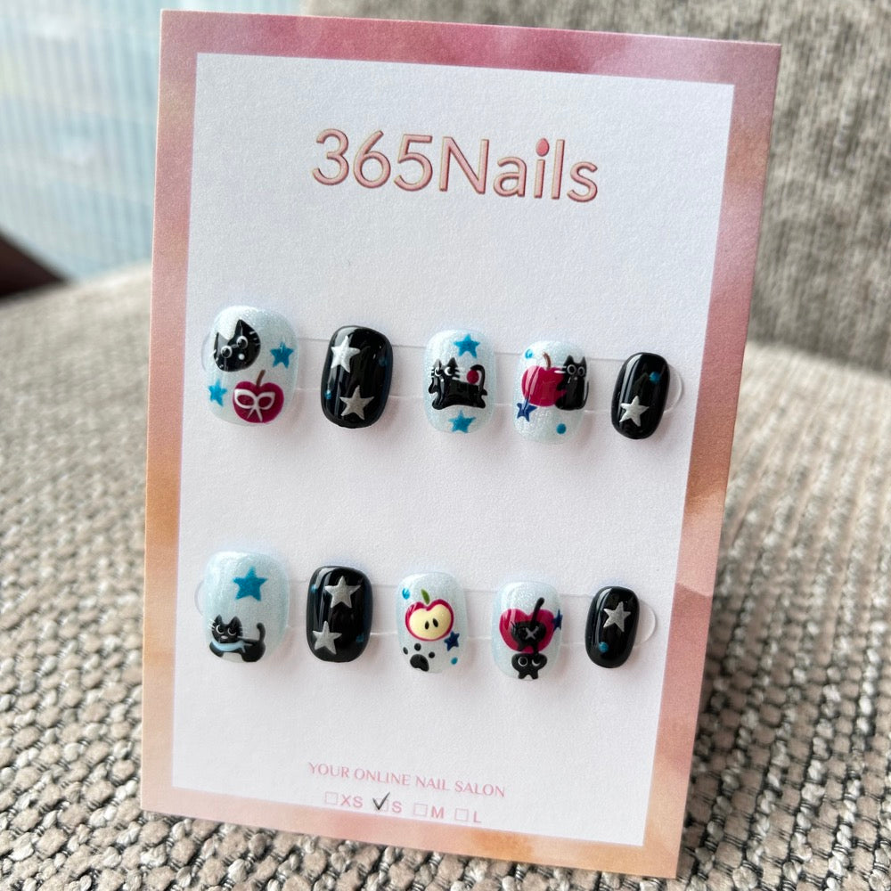 Cartoon & Dopamine: "Starry Night Cat" – Black Cat, Cherry & Silver Star Y2K Short Nails