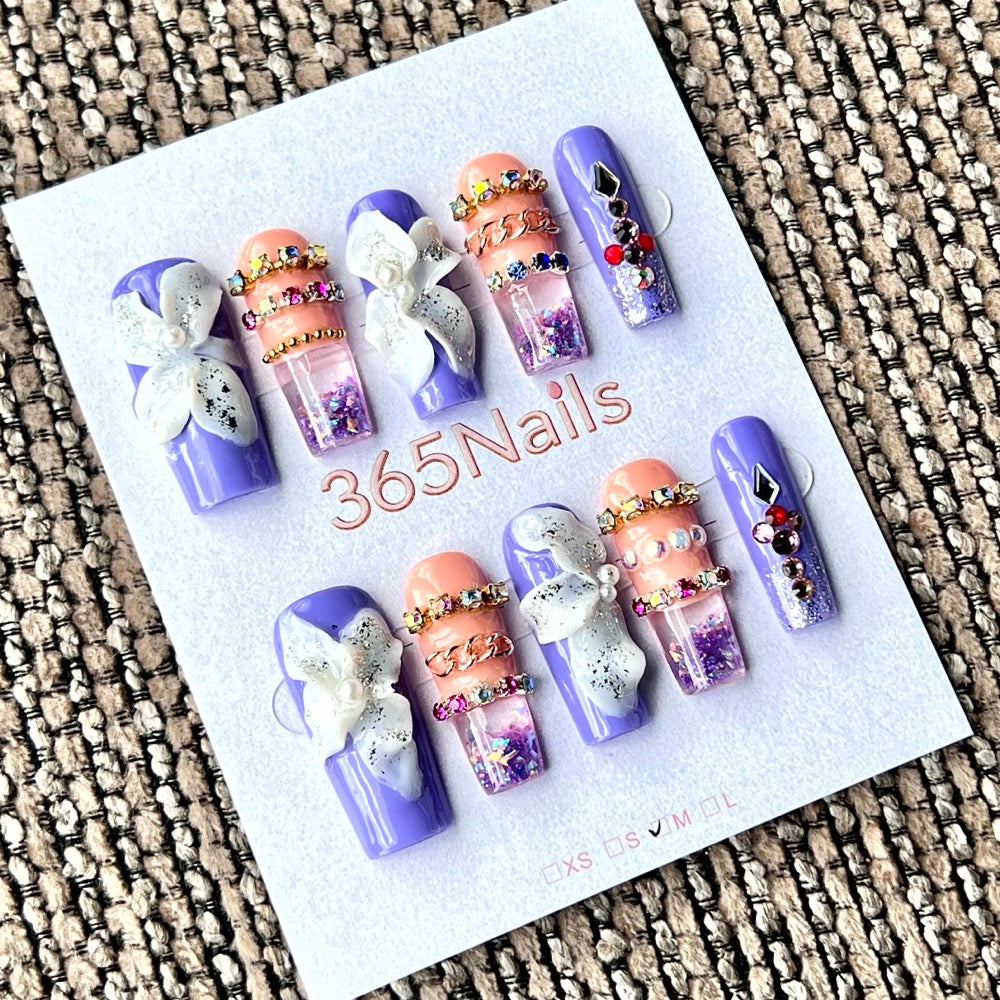 365nails: "Lavender Orchid Shimmer" – Handmade Liquid Motion Press-On Medium Square Nails-3cm