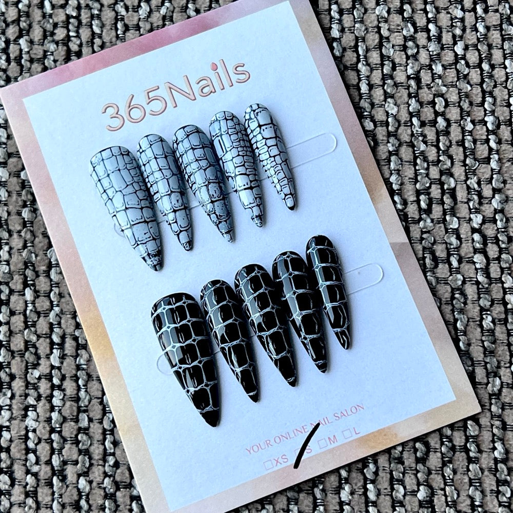 Monochrome Croc - Black White Stiletto Press-On Nails