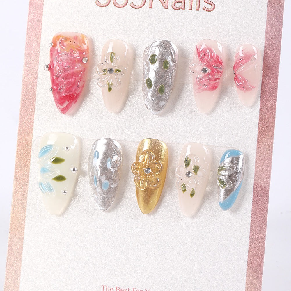 365Nails Nude Mix with Gold & Silver Chrome, Jelly 3D Florals and Dewy Metal Beads Press-On Nails