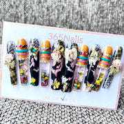 365nails: "Outono Dramático" – Unhas Coffin Feitas à Mão com Personagens Xadrez 3D - 5,5cm