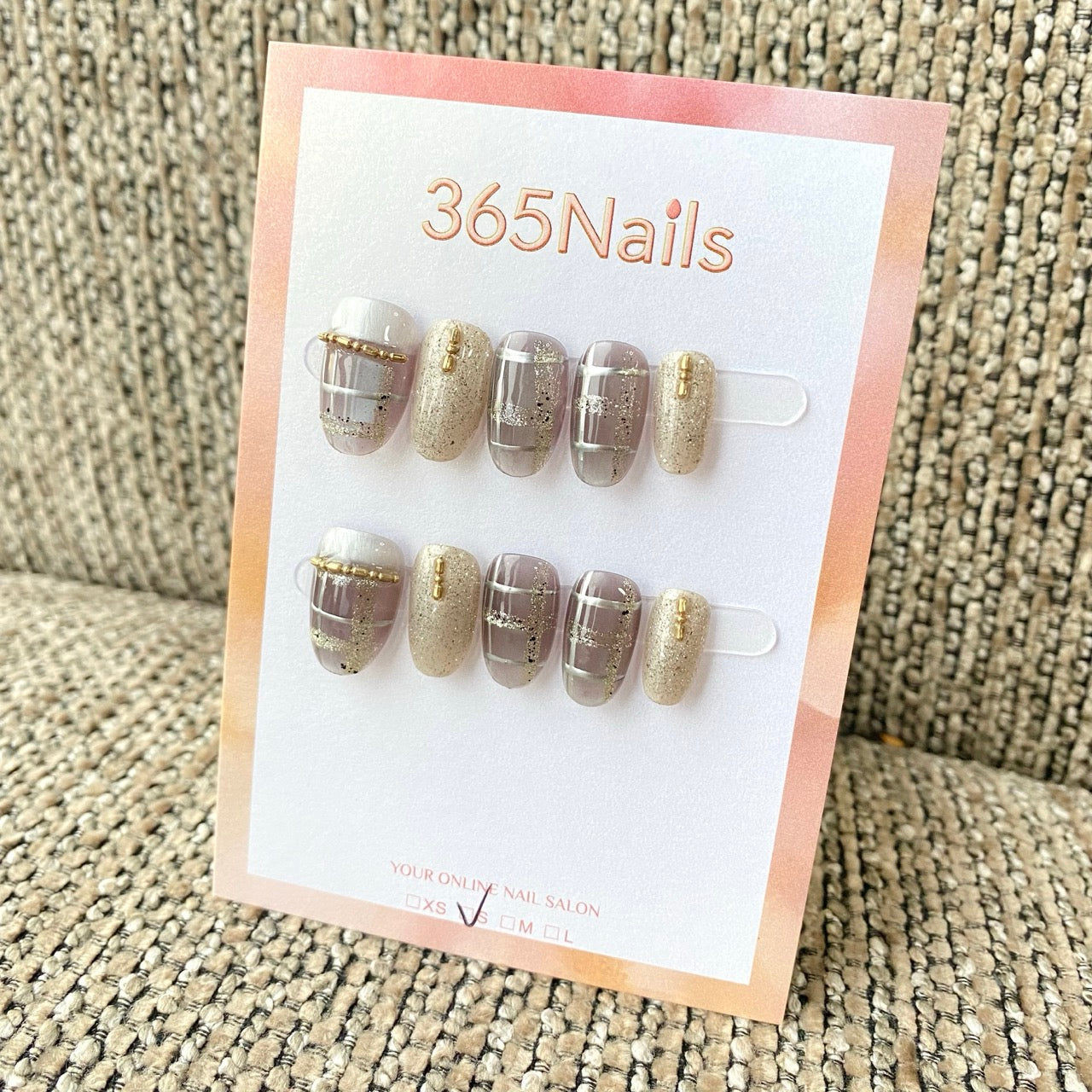 365nails: "Nude Silver Gold French Tip Grid" – handmade press-on nail