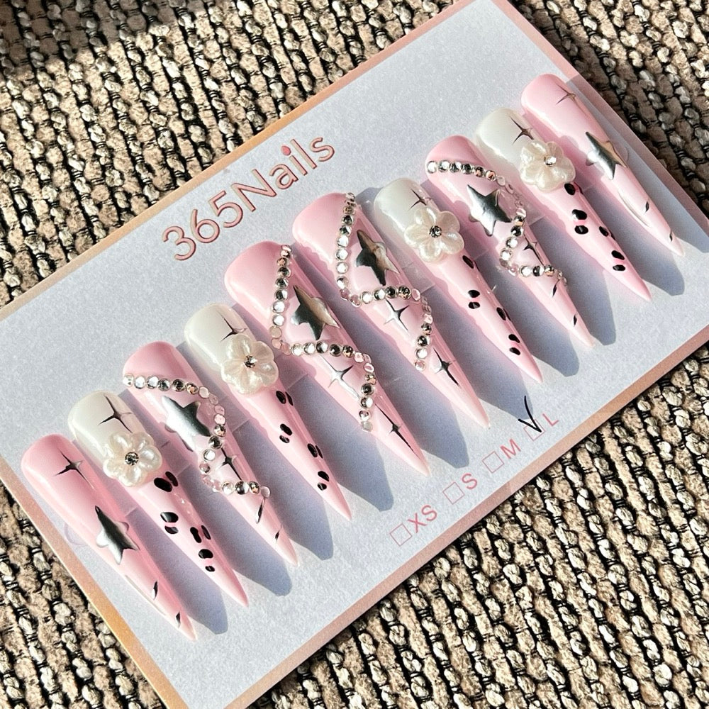 365nails: "Pink White Star Flower Leopard Rhinestone Long" – Handmade Long Stiletto Press-On Nails