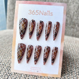 Femme Fatale: "Amber Argyle" – Glossy Brown Tortoiseshell Plaid with White Grid Lines Long Stiletto Nails