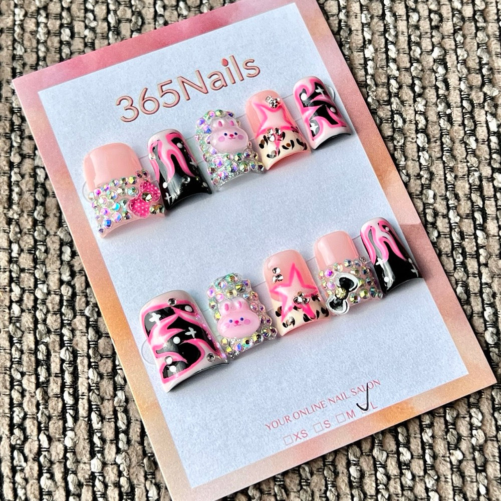 365nails: "Pink Black Bunny Star Flame Short" – Handmade Short Trapezoid Press-On Nails