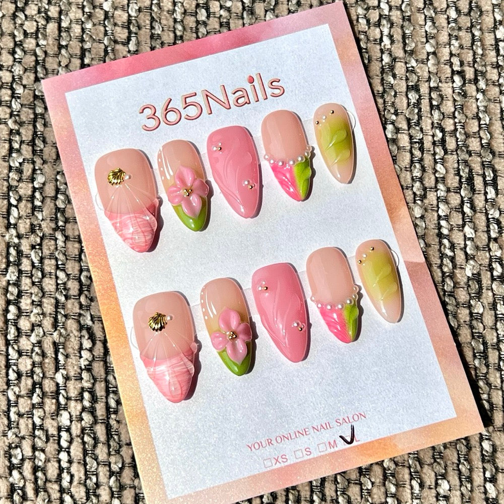 365nails: "Blush Pink Green Flower Shell Mix" – Handmade Medium Stiletto Press-On Nails
