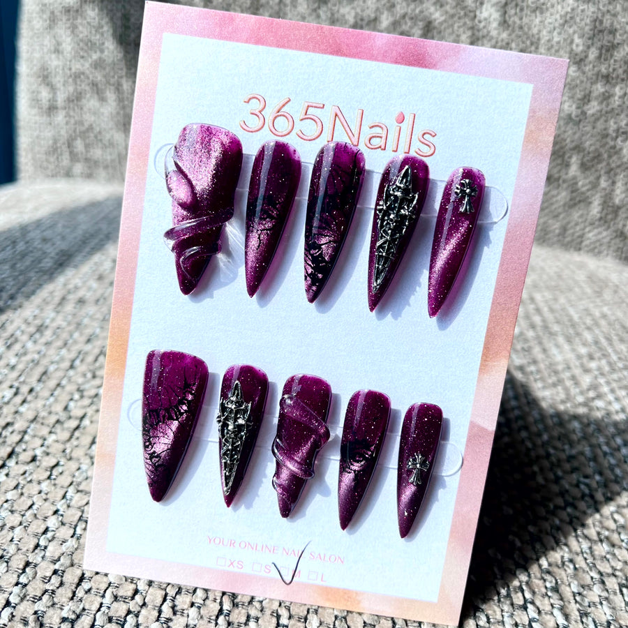 365nails: "Plum Gothic Cross Stiletto" – Handmade Long Sharp Stiletto Nails