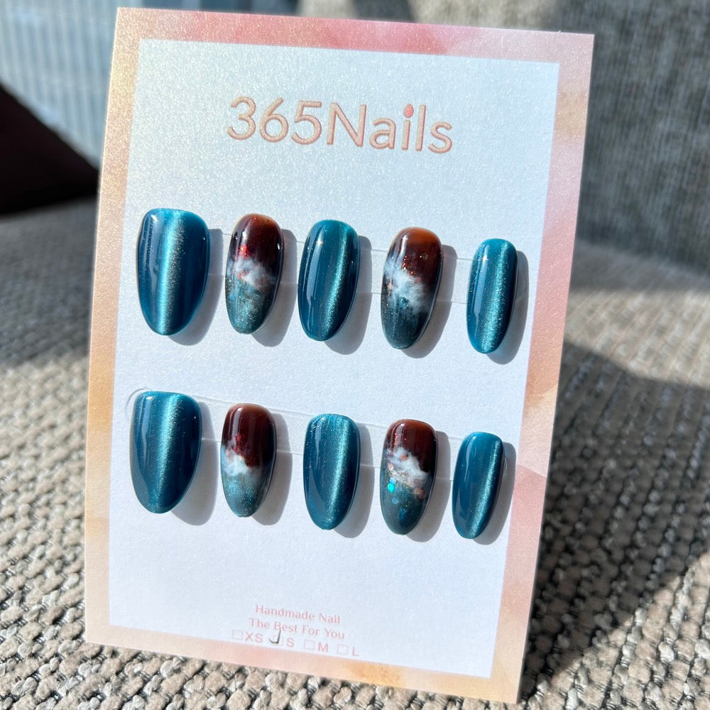 Ethereal Ink: "Deep Sea Amber" – Deep Teal Cat Eye & Amber Brown Marble with White Foam Oval Nails