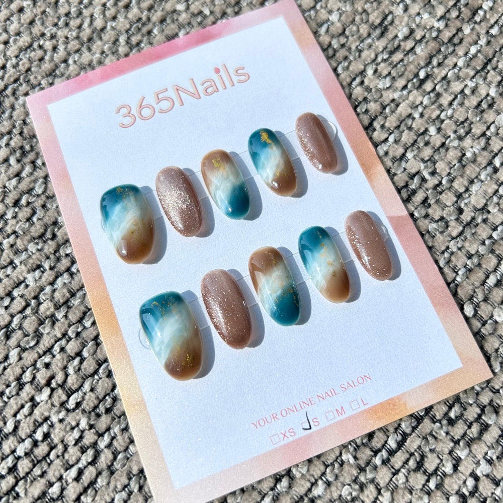 "Coastal Azure Sand" – Teal Blue & Beige Ocean Marble with Champagne Cat Eye & Gold Foil Oval Nails