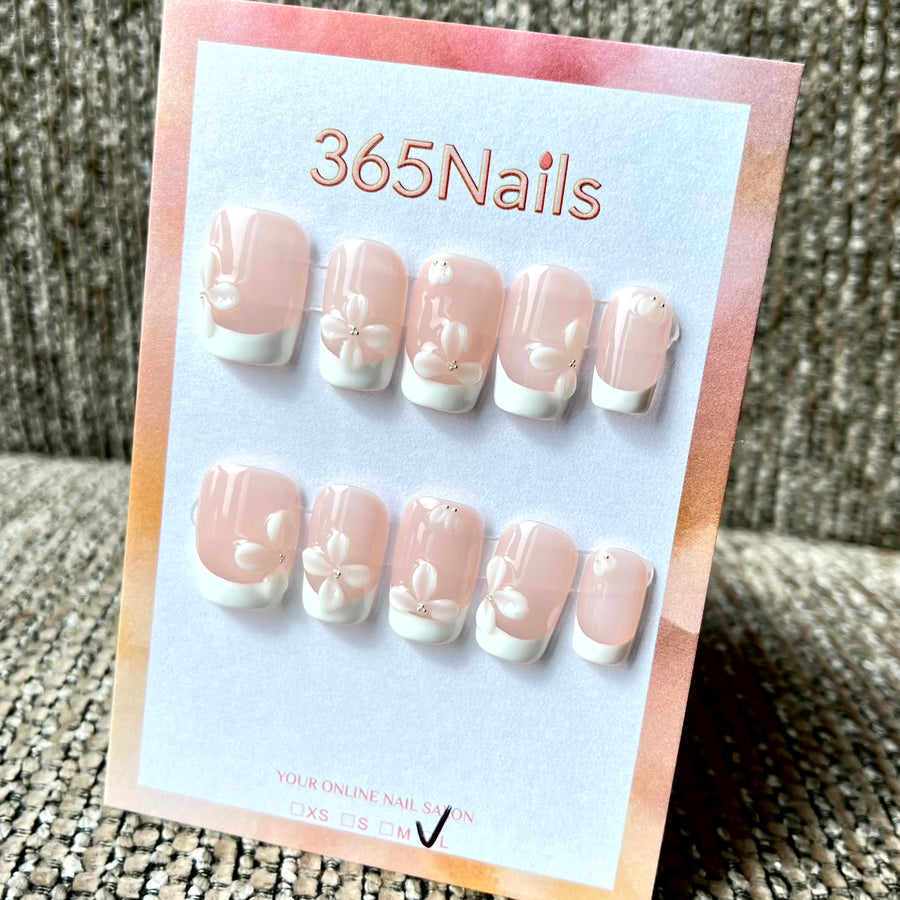 365nails: "Blush Petal" – 3D Floral French Tip Handmade Press on Nails Short Almond Nails