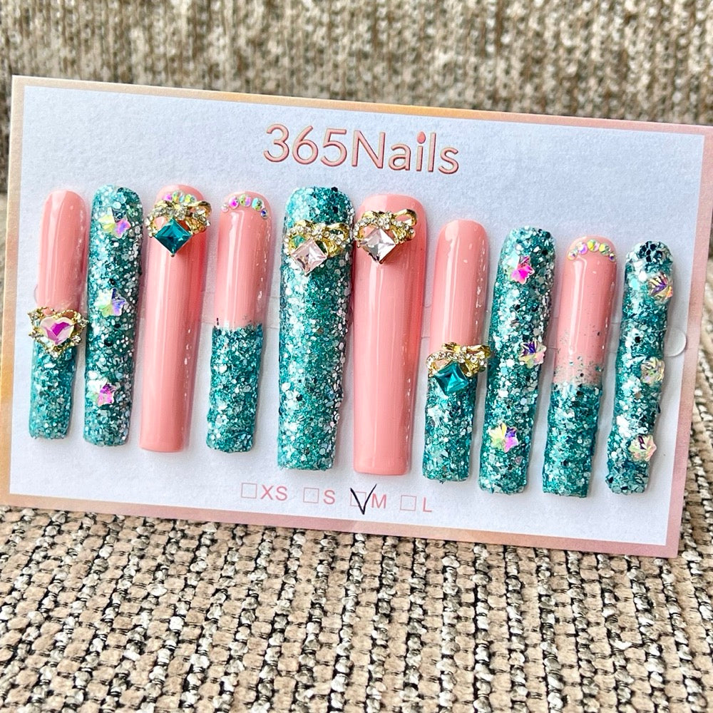 365nails: "Emerald Crush" – Chunky Glitter & 3D Heart Gem Handmade Press on Nails Long Coffin Nails