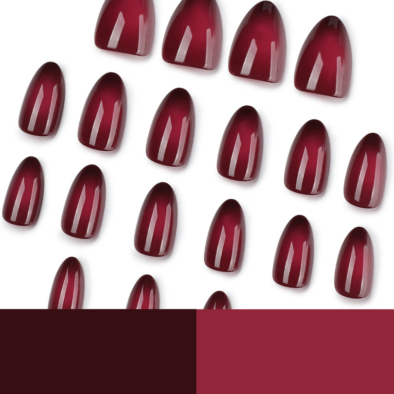 Assorted glossy burgundy press-on nails in multiple sizes on white background