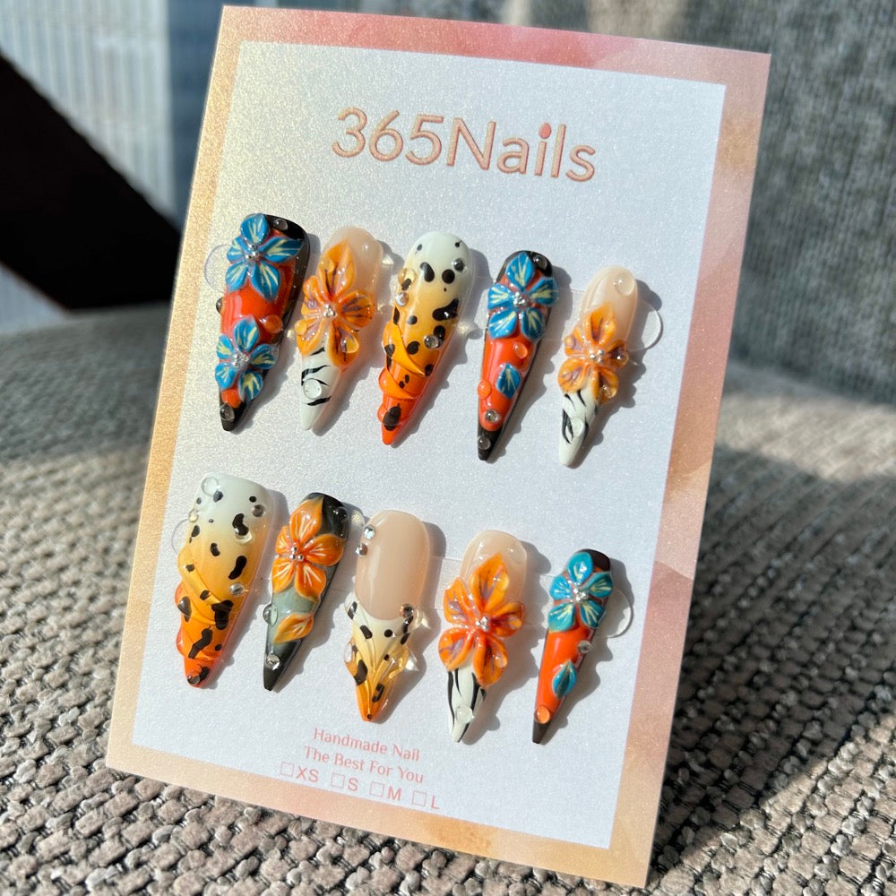 Handmade "Wild Safari" 3D Floral Press-on Nails | Animal Print & Tropical Orange | Long Stiletto | 10pcs Set