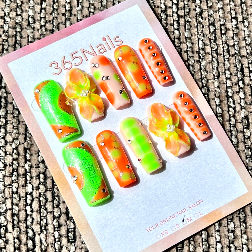 365nails: 시트러스 글로우 오키드 – 수제 미디엄 스퀘어형 프레스온 네일