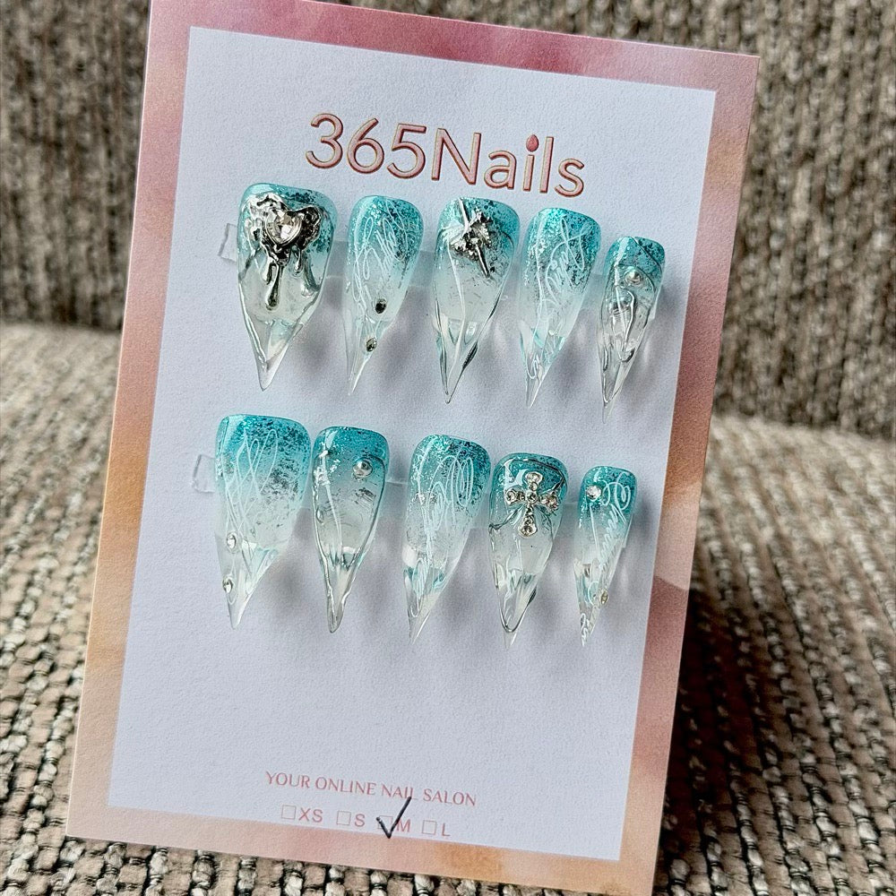 365nails: "Aqua Mist Cross Star Filigree" – 3D Silver Metal Charm Handmade Long Stiletto Nails