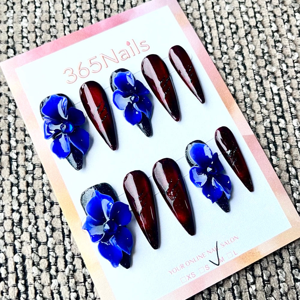 365nails: 퍼플 미드나이트 블룸 – 3D 플로럴 수제 스틸레토형 네일