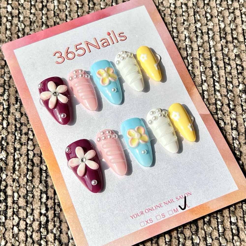 365nails: "Colorful Flower Shell Pearl 3D" – Handmade Medium Stiletto Press-On Nails