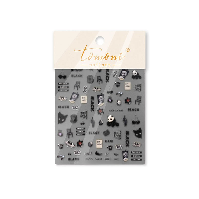 Monochrome Panda & Cat Nail Stickers – 5D Embossed Edgy Minimalist Set