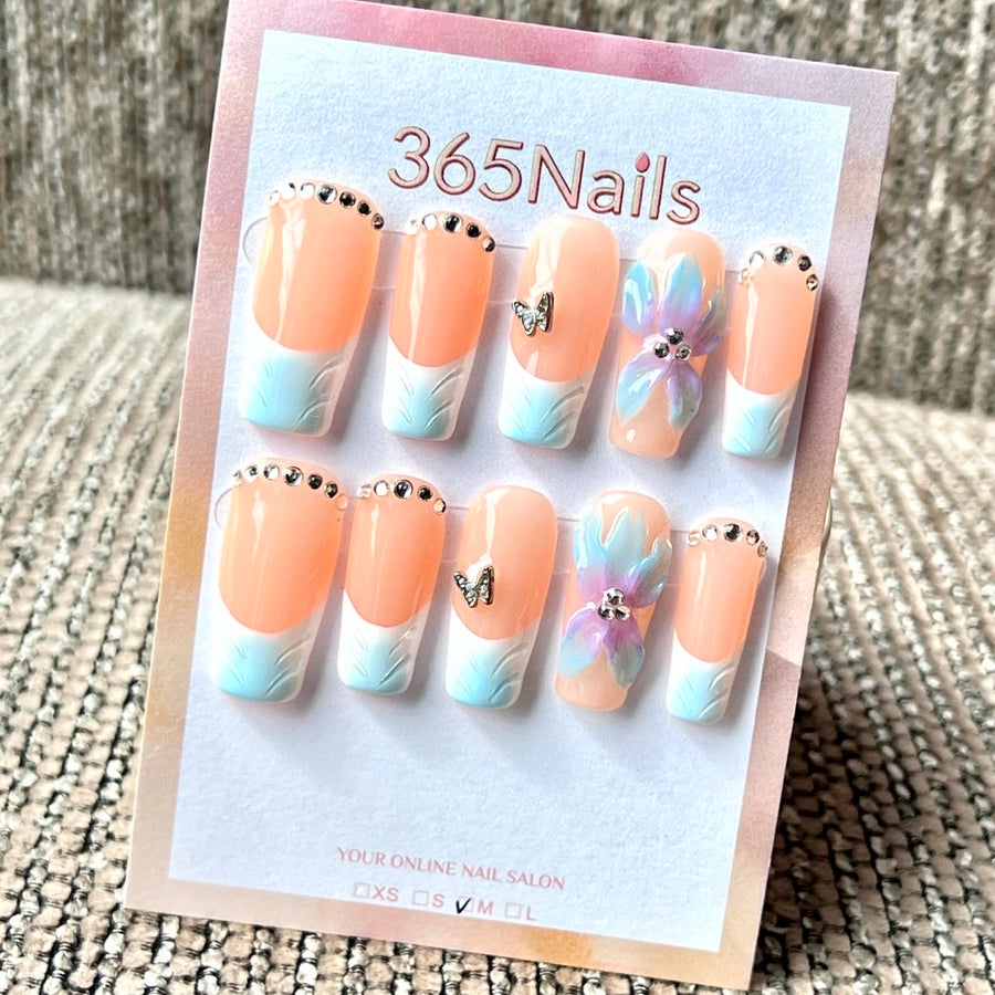 365nails: "Peach French Orchid" – Handmade Medium Square Press-On Nails