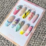 Handmade "Summer Daydream" Mixed Media Press-on Nails | 3D Floral, Shell Texture & Abstract Art | Long Coffin | 10pcs Set