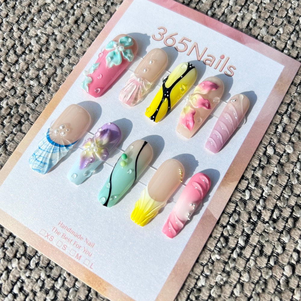Handmade "Summer Daydream" Mixed Media Press-on Nails | 3D Floral, Shell Texture & Abstract Art | Long Coffin | 10pcs Set