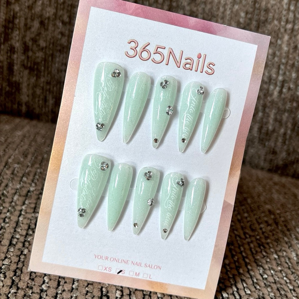 Mint Jewel - Mint Crystal Pointed Press-On Nails
