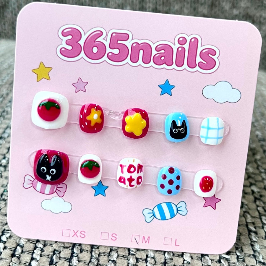 365nails: 키티의 가든 마켓 – 3D 캐릭터&토마토 수제 숏 스퀘어형 네일