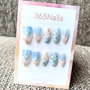 365nails: "Azure Blossom" – Handpainted Floral & Feather Handmade Short Square Nails