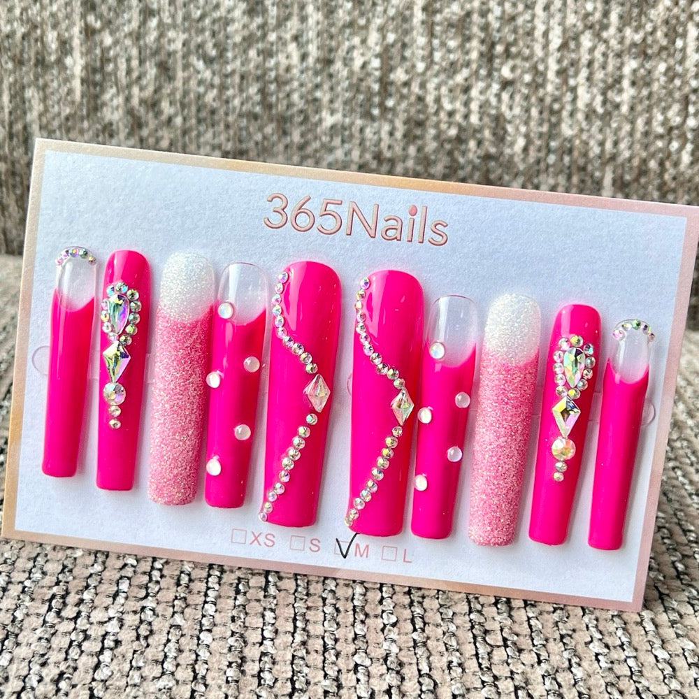 365nails: "Hot Pink Rhinestone Long" – Handmade Long Trapezoid Press-On Nails
