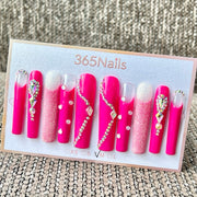 365nails: "Hot Pink Rhinestone Long" – Handmade Long Trapezoid Press-On Nails