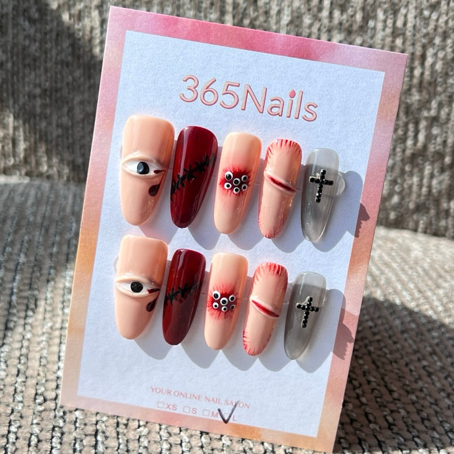 365nails: "Dark Ritual" – 3D Eye & Cross Handmade Press on Nails Medium Almond Nails