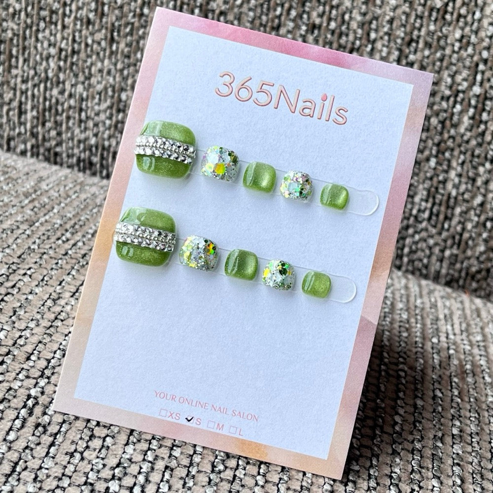 Lime Green Rhinestone Glitter Press-On Toenails