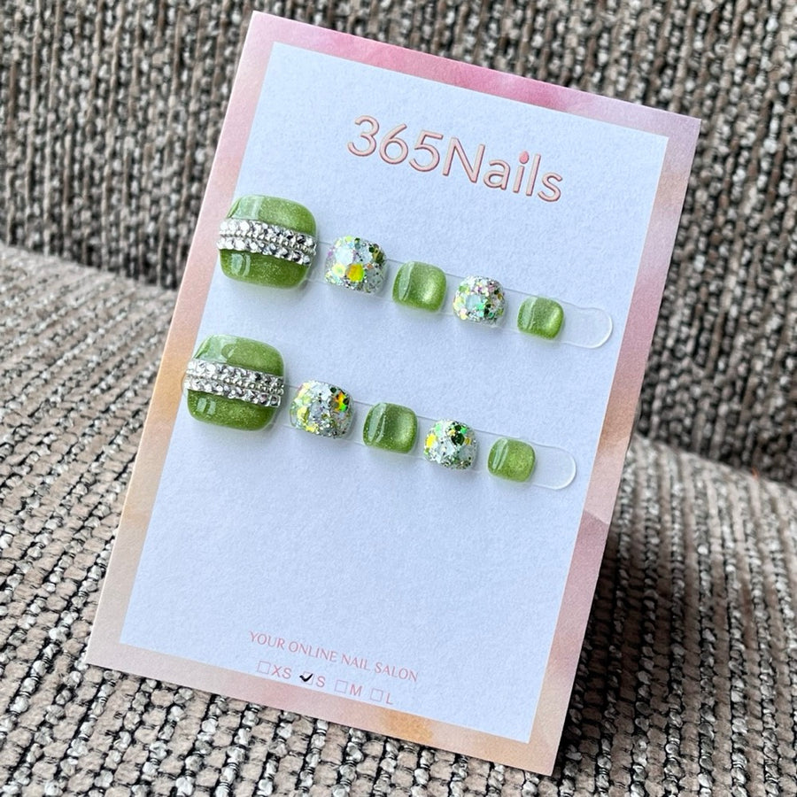 Lime Green Rhinestone Glitter Press-On Toenails