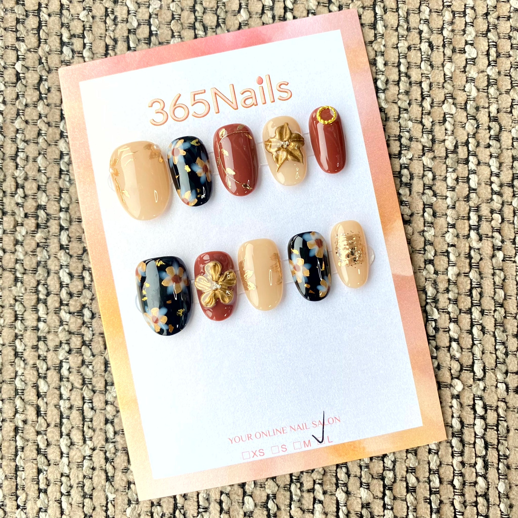 365nails: "Autumn Gilded Flora" – 3D Gold Flower & Navy Floral Handmade Oval Nails