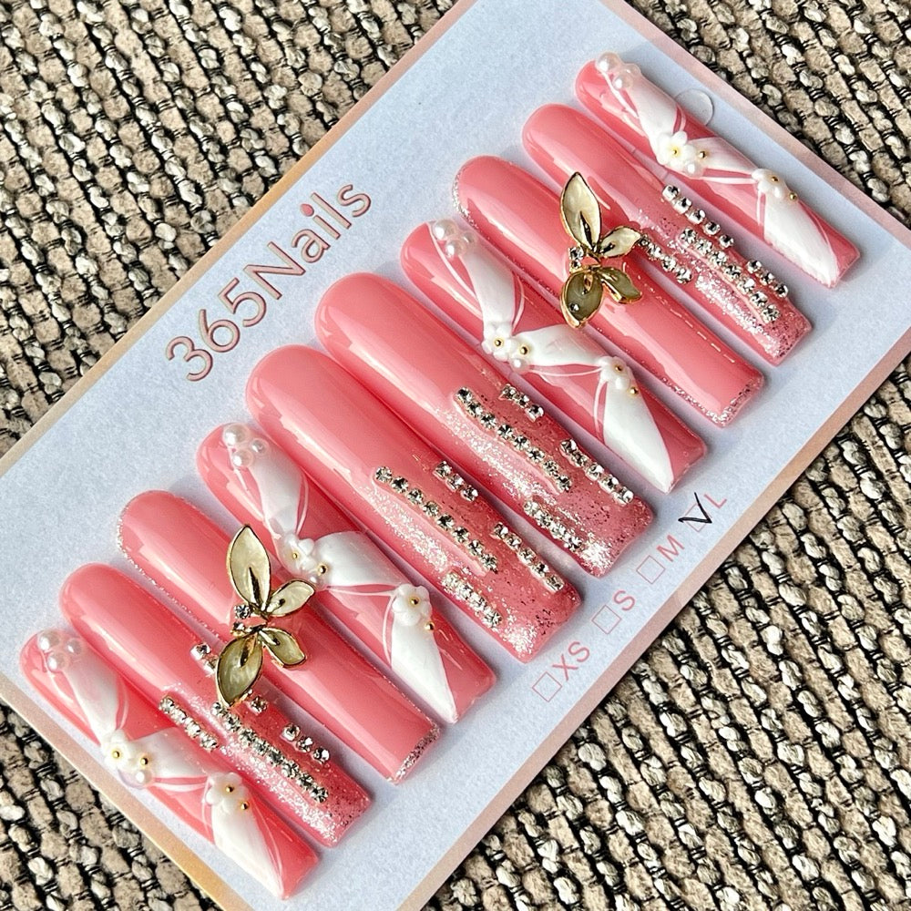365nails: "Pink White Butterfly Long" – Handmade Long Trapezoid Press-On Nails