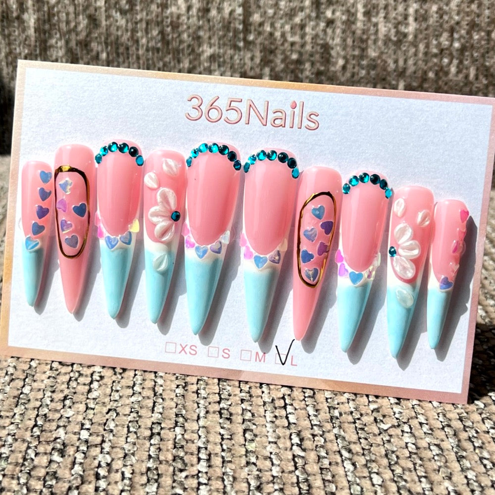 365nails：「糖果天空」— 3D 花朵與愛心手工製長款尖形穿戴甲
