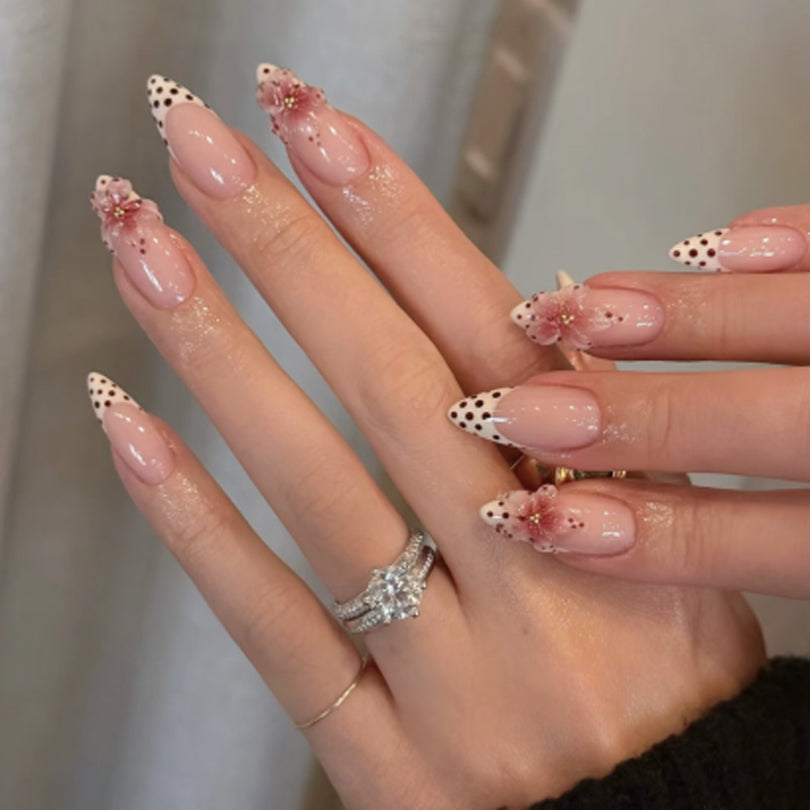 3D French Floral Glossy Pink White Almond Short Press On Nails – Design 57