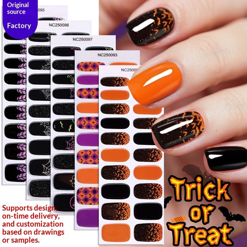 Semi-Cured Gel Nail Strips Halloween Glow Gothic Spiderweb Ghost Design (MOQ=3)