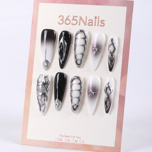 365nails cool grey ombré with metallic chain futuristic press-ons