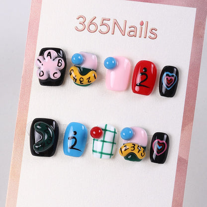 365Nails School Doodle Hand‑Painted Short Tips