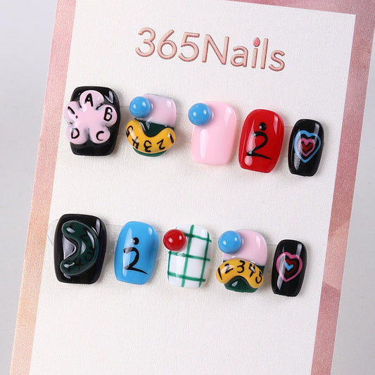 365Nails School Doodle Hand‑Painted Short Tips