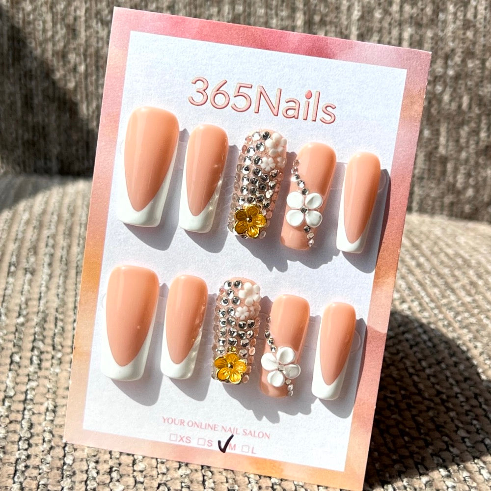 365nails: "Nude Opulence" – 3D Floral & Crystal Handmade Almond Nails