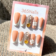 365nails: "Nude Opulence" – 3D Floral & Crystal Handmade Almond Nails