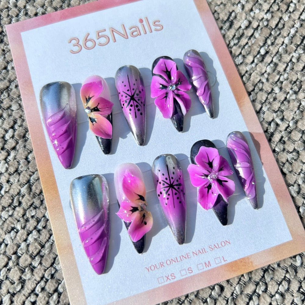 Sculpted Flora: "Cyber Orchid" – 3D Purple Flowers & Ruffled Textures on Silver Metallic Ombre Stiletto Nails